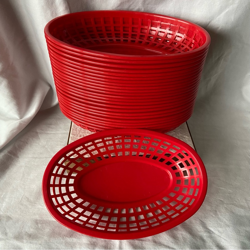 (24) Classic Red Plastic Food Serving Baskets/Trays-Oval Shaped New